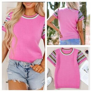 Pink Knit Short Sleeve Sweater Top – M L XL